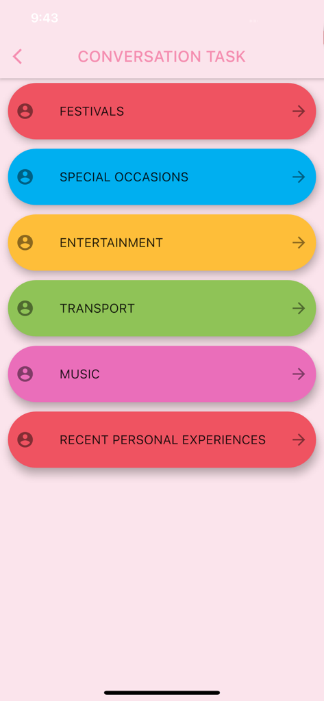 Un elenco di argomenti di conversazione nell'app B1 English Test, tra cui Feste Occasioni Speciali e Intrattenimento