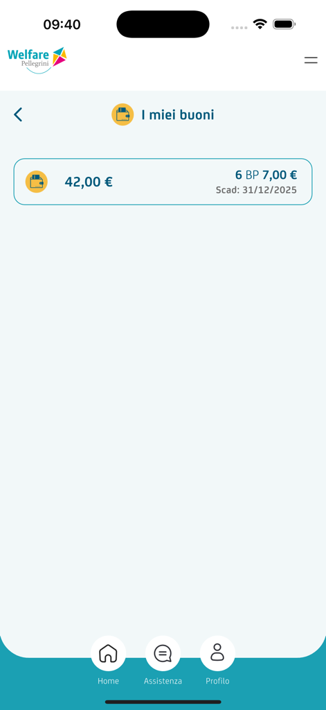 Pellegrini Card - A screenshot of the Pellegrini Card app displaying the My Vouchers screen with a balance of 42 Euros and details for 6 meal vouchers.