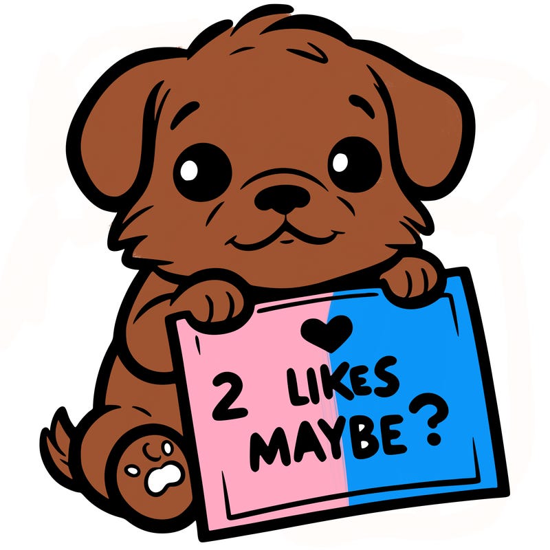 a puppy holding a sign that says 2 likes maybe?