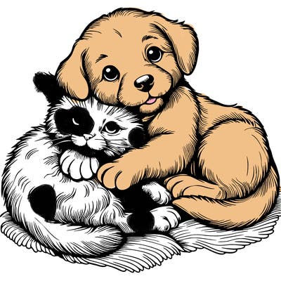 a realistic kitten and dog snuggling