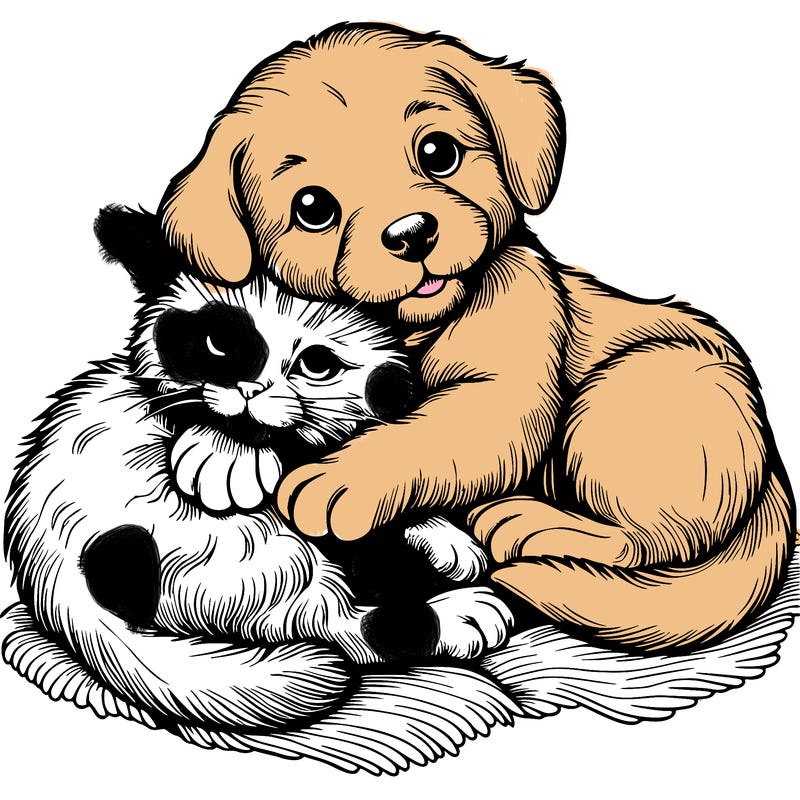 a realistic kitten and dog snuggling