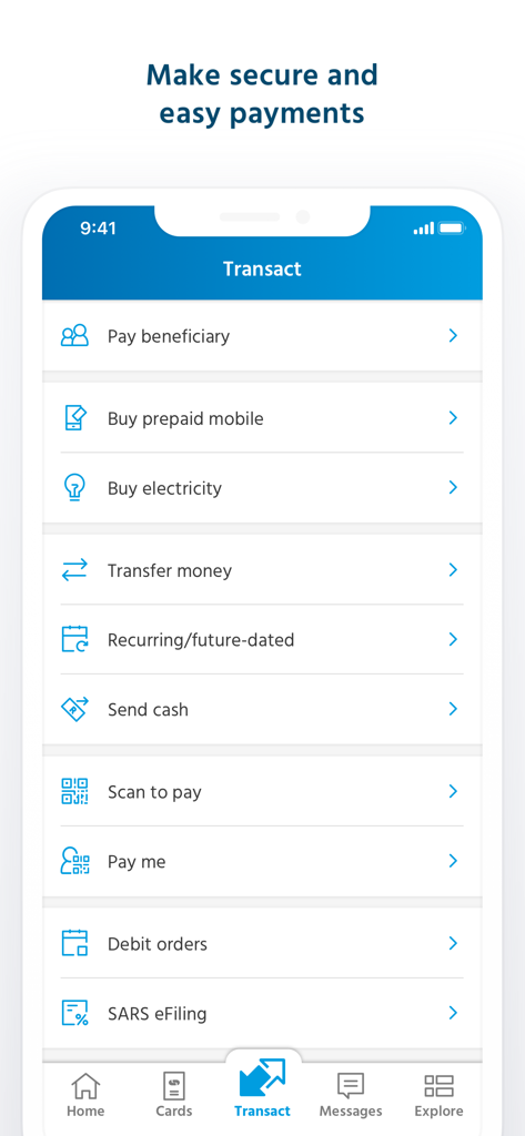 Capitec Bank - Écran de transaction de l'application mobile Capitec Bank montrant les options de paiement telles que le paiement de bénéficiaire et l'achat de mobile prépayé