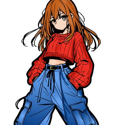 anime teen girl with baggy pants and crop top with sweater