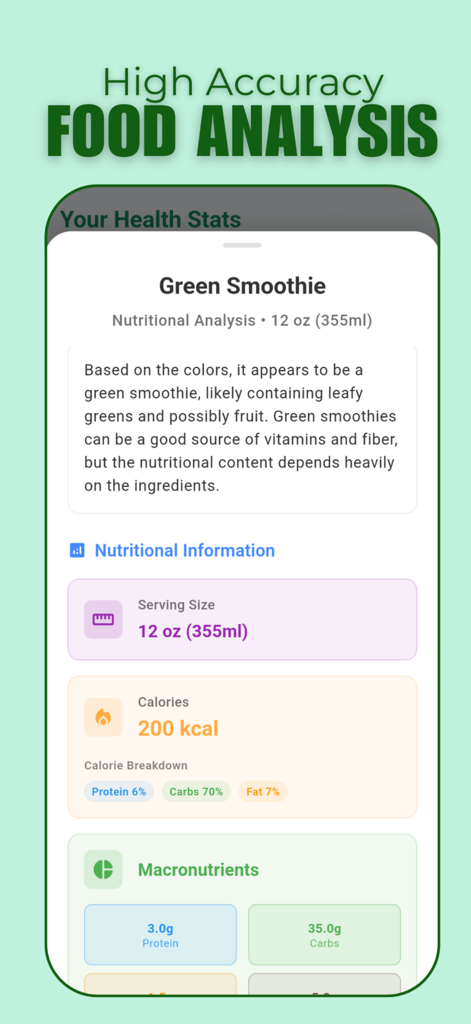 Snapmunch - A screenshot of the Snapmunch app showing a detailed nutritional and macronutrient analysis for a green smoothie.