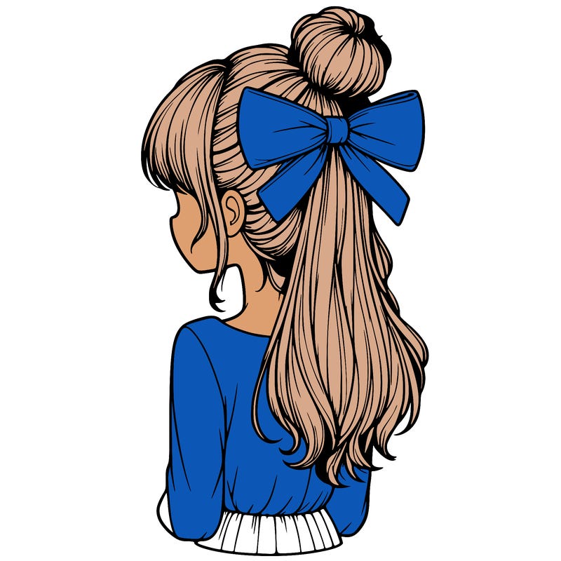realistic girl  with hip length hair a bun and a big bow on the back of head