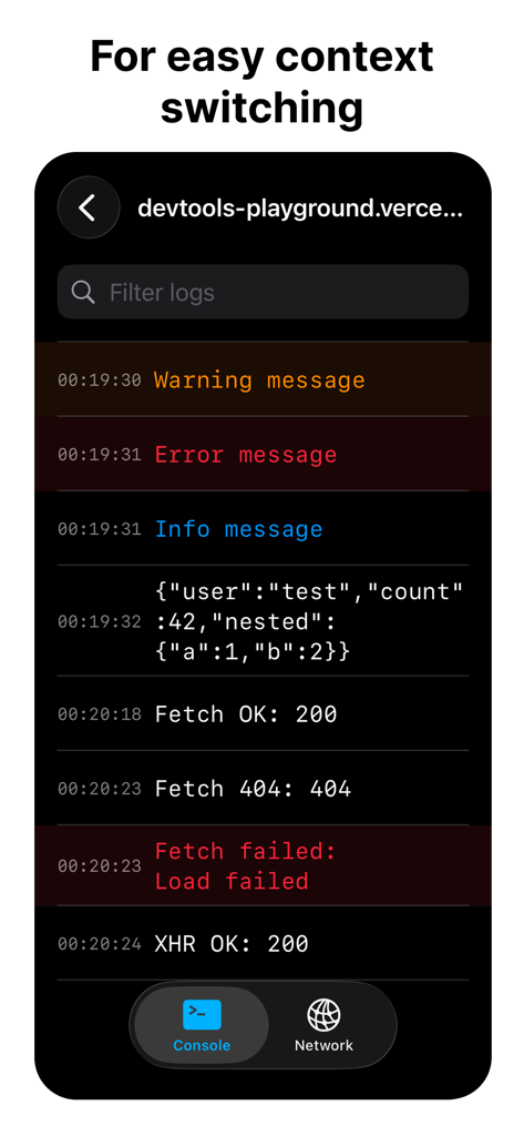 Oberfläche der devtools-App, die Konsolenprotokolle anzeigt, einschließlich Fehlern, Warnungen und Netzwerk-Anforderungsstatus für das mobile Web-Debugging.