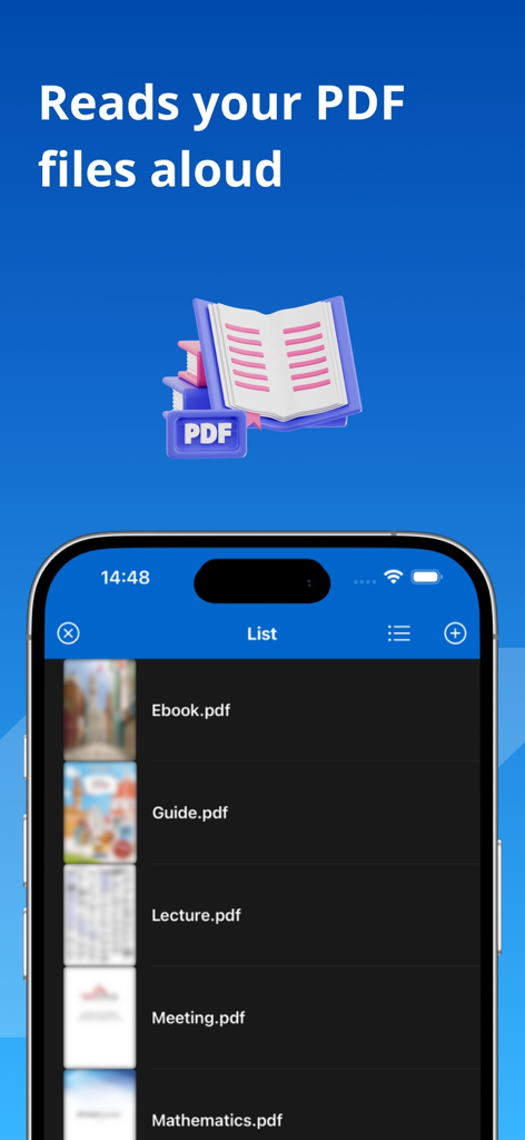 Smartphone displaying the Voice Reader app interface with a list of PDF documents to read aloud