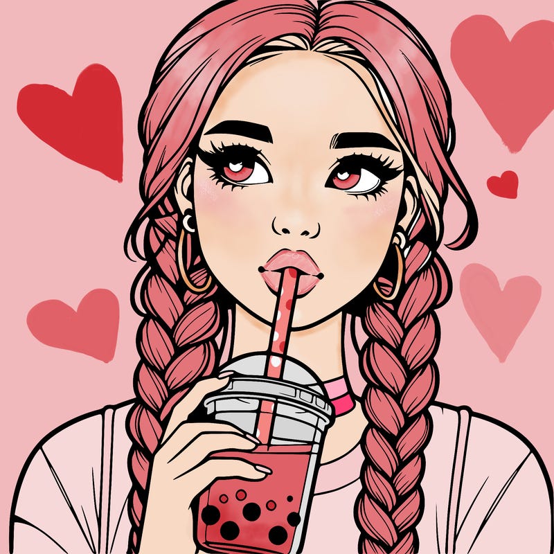 realistic girl with braided hair drinking boba