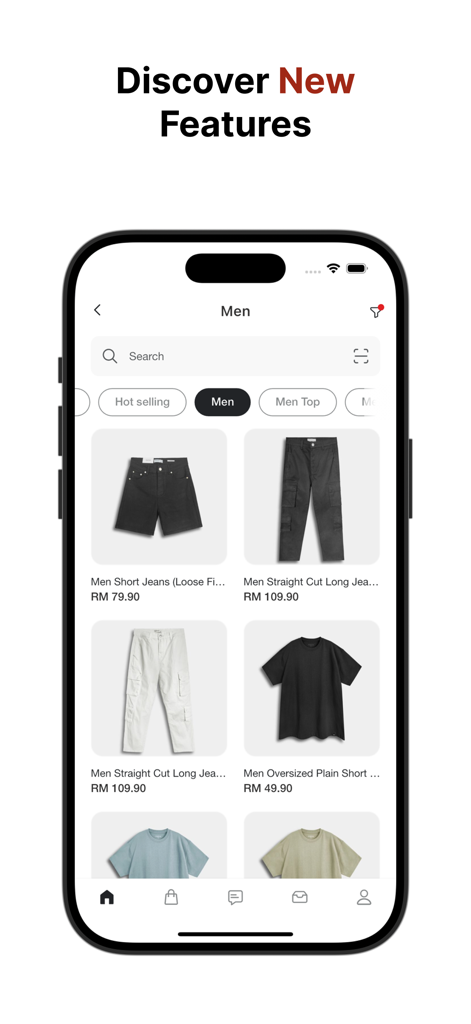 HI STYLE - HI STYLE mobile app screen displaying a catalog of men's streetwear including jeans and t-shirts with prices.