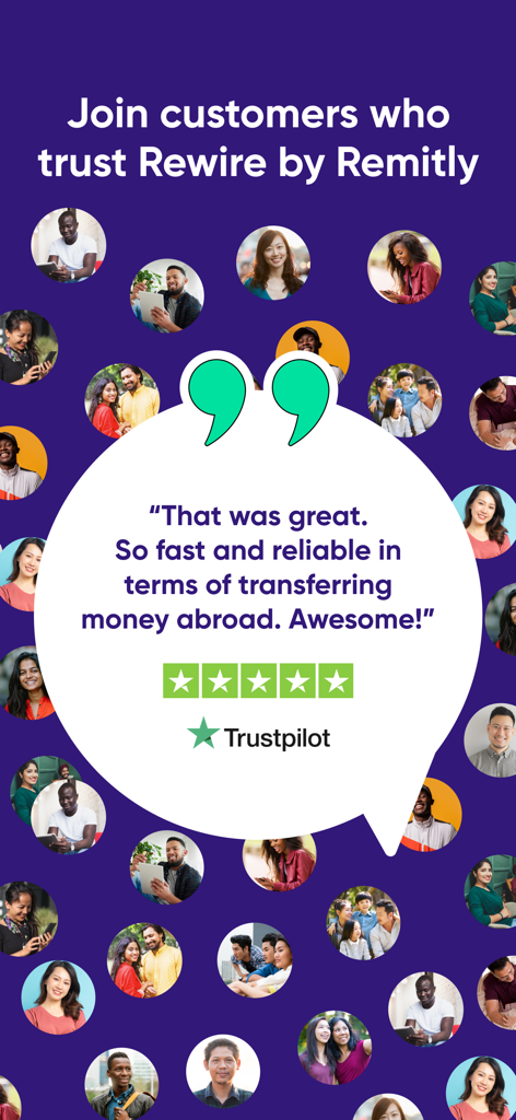 Rewire by Remitly customer review with 5 star Trustpilot rating and diverse user portraits