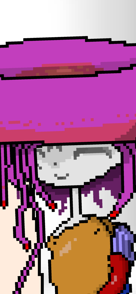Parasite Days - Close up pixel art of a character with purple hair and a large pink hat from Parasite Days