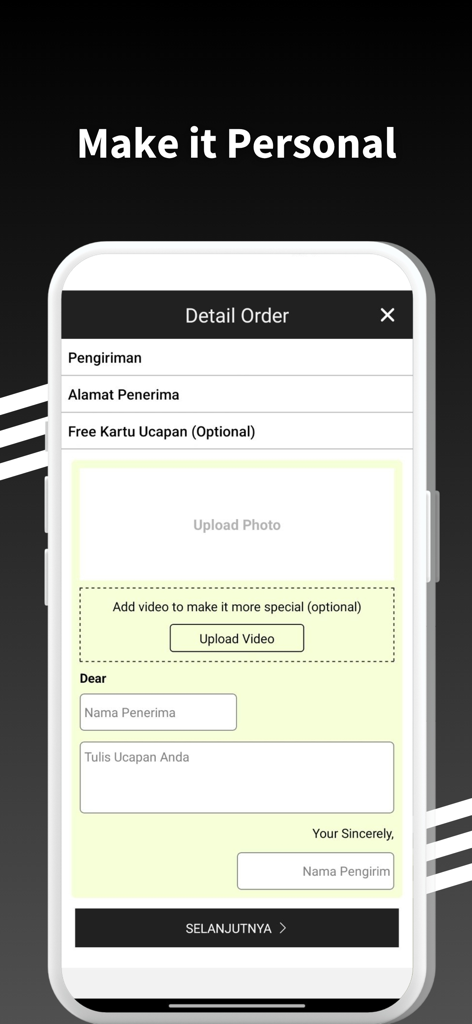 Outerbloom app interface showing order details for a personalized greeting card with options to upload photo and video