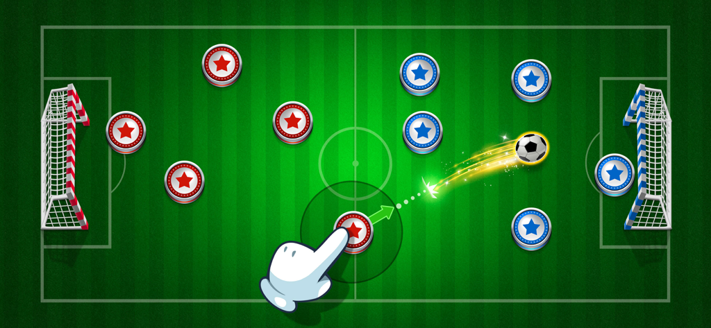 Mind Games for 2 3 4 Player - Gameplay of a finger soccer mini game with red and blue team pucks on a digital field