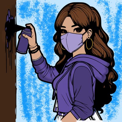 realistic girl with mask spray painting a wall
