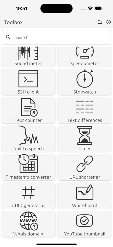 Interfaz de la aplicación Toolbox que muestra una cuadrícula de iconos de utilidad, incluyendo cliente SSH, generador de UUID y acortador de URL