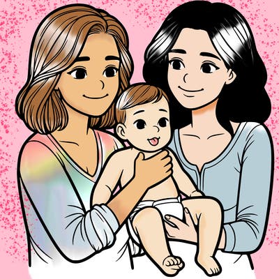 two realistic women holding one baby together