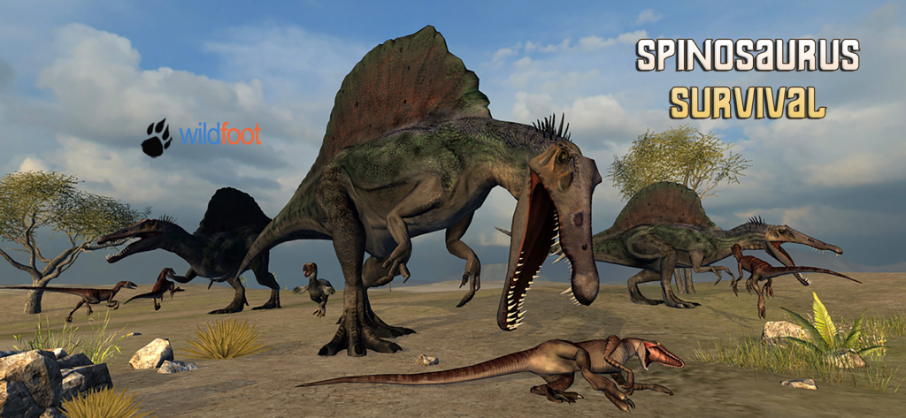 Spinosaurus Survival Simulator game title screen featuring a pack of dinosaurs in an open Jurassic landscape.
