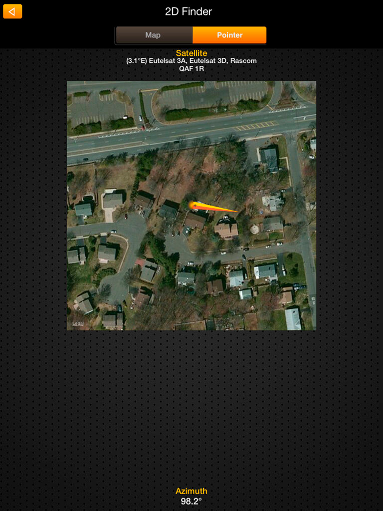 SatFinder Pro HD Dish Pointer - Interfaz de la aplicación SatFinder Pro HD mostrando un puntero de satélite 2D superpuesto en un mapa de vecindario con medición de acimut
