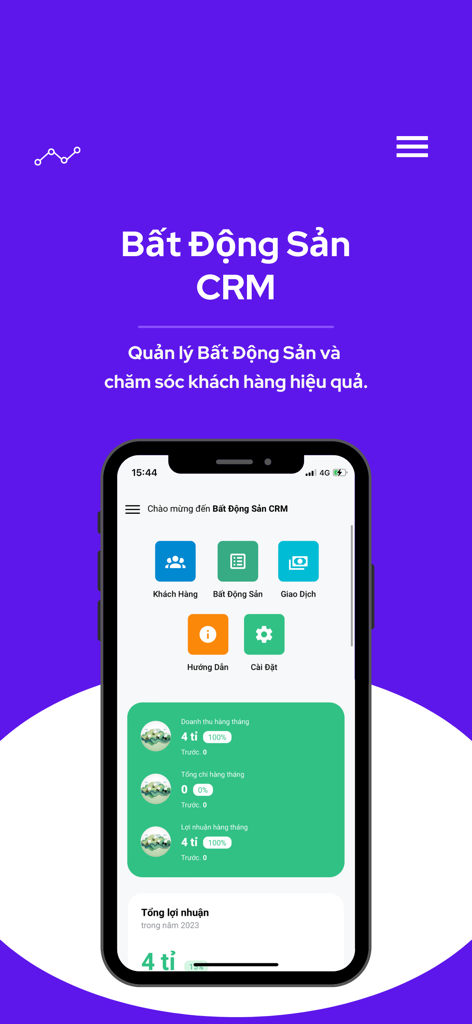 Bất Động Sản CRM - Startbildschirm der mobilen App für das Immobilien-CRM mit Werkzeugen zur Immobilien- und Kundenverwaltung auf Vietnamesisch