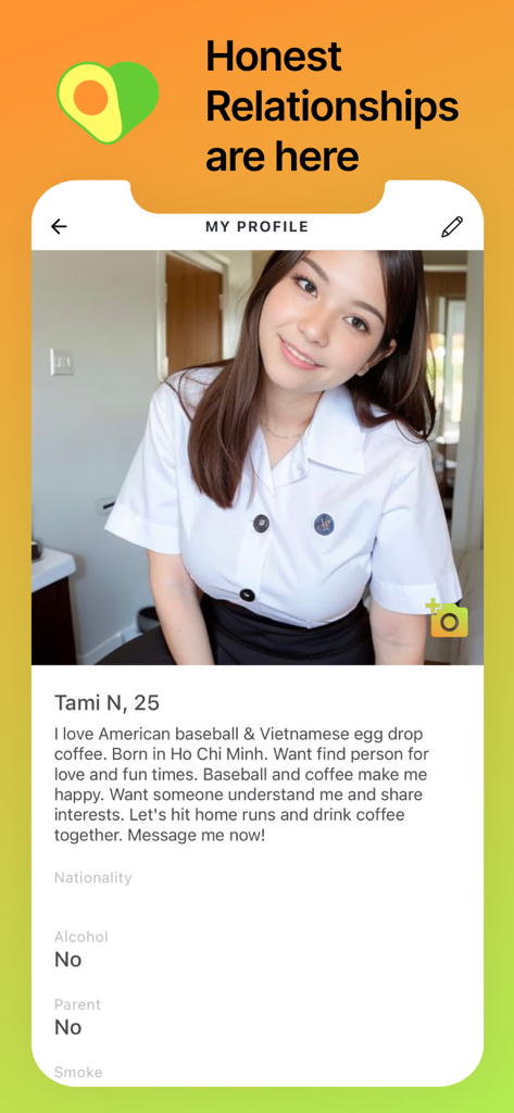 A mobile phone screen displaying a user profile on the AvoVietnam dating app with the headline Honest Relationships are here