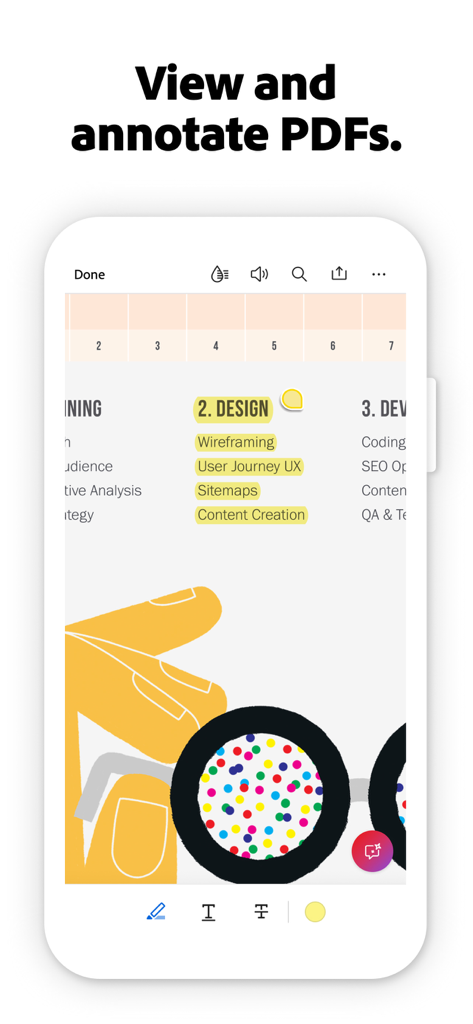 Adobe Acrobat Reader 앱이 스마트폰 화면에서 강조 표시된 텍스트와 주석 도구가 있는 PDF 문서를 보여줌.