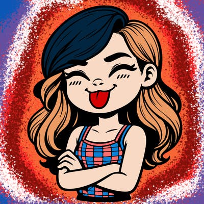 realistic girl crossing her arms and wearing a tank top with her tongue held out she has long hair