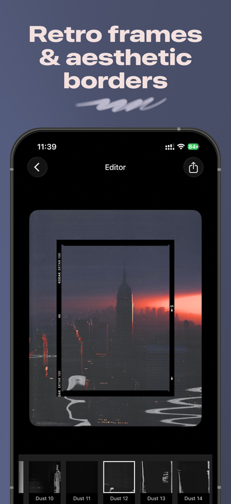 LUCH: Photo Effects & Filters - Editor do aplicativo LUCH exibindo uma paisagem urbana ao pôr do sol com uma moldura de filme retrô e efeitos de poeira estética