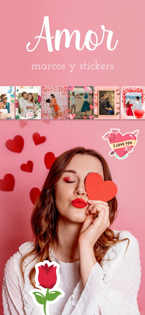 Love photo frames to edit - A woman blowing a kiss with examples of romantic photo frames and stickers for couples.