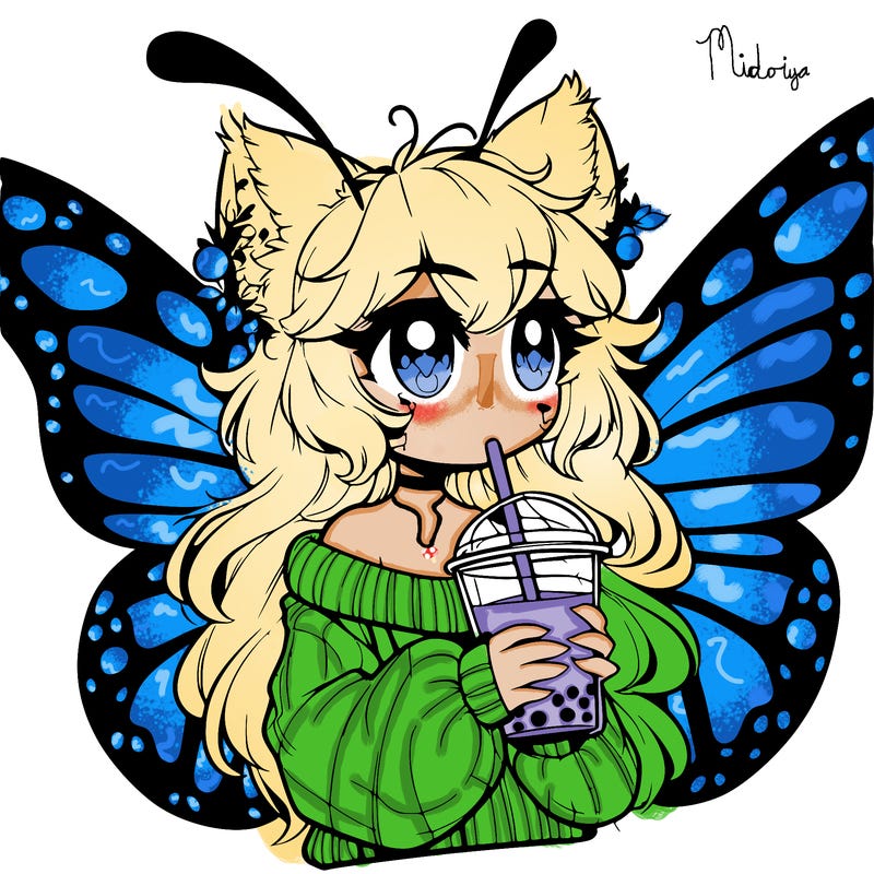 a realistic butterfly/furry girl drinking boba