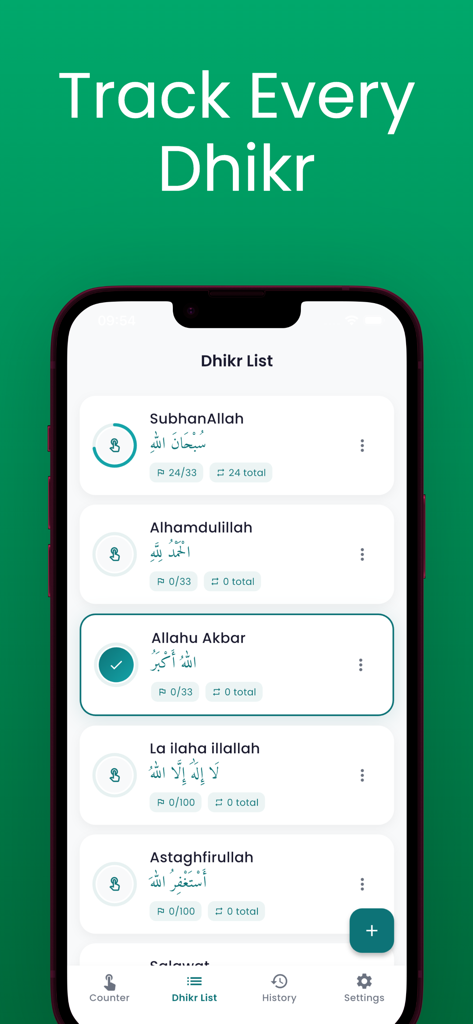 Tasbih Counter – Daily Dhikr - Dhikr List screen of the Tasbih Counter app showing progress tracking for Islamic prayers.