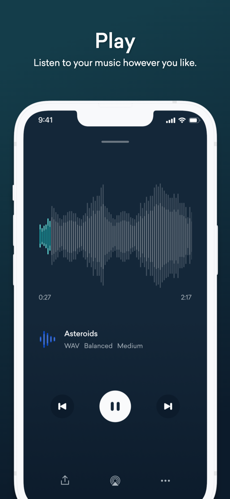 LANDR - For Music Makers - Écran du lecteur de musique dans l'application LANDR avec une forme d'onde et des boutons de lecture