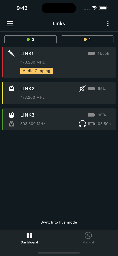 Smart Assist - Sennheiser Smart Assist app dashboard monitoring wireless audio links with battery levels and frequency status