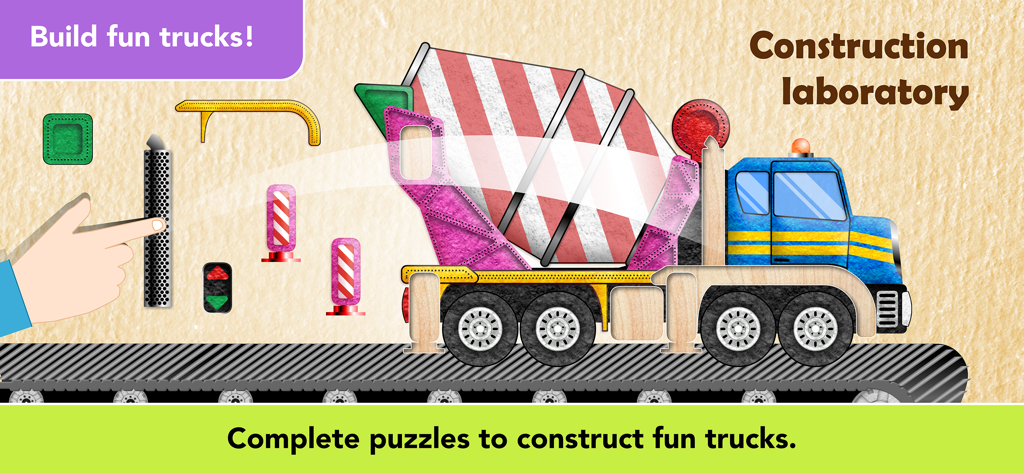 Uno screenshot di un gioco per bambini che mostra un camion betoniera in un laboratorio di costruzione.