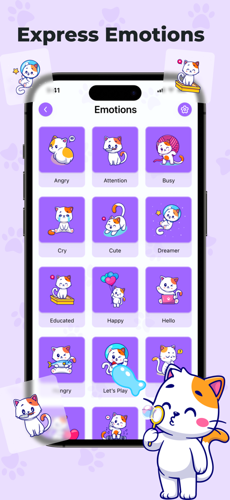 Interfaz de la aplicación Traductor de Gatos que muestra una cuadrícula de iconos de emociones de gatos de dibujos animados