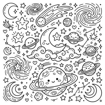 Take a cosmic journey with this enchanting coloring page, designed especially for kids! It features a delightful array of friendly stars, planets, and moons, ready to be brought to life with vibrant colors.