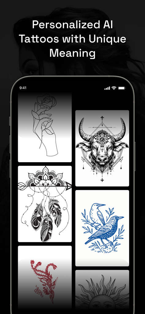 Tattooist - AI Tattoo Design - A gallery of unique AI generated tattoo designs including a bull birds and floral art on a mobile app interface