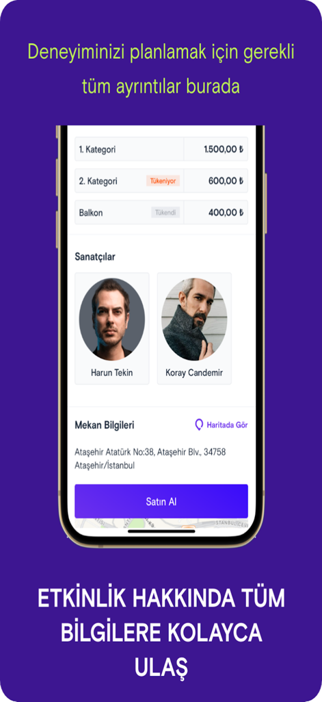 Mobilet - Mobilet app event details screen showing ticket categories and prices artist profiles and venue location