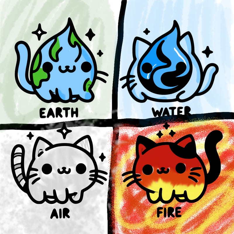 4 cats that represent the different elements, earth, water, air, and fire