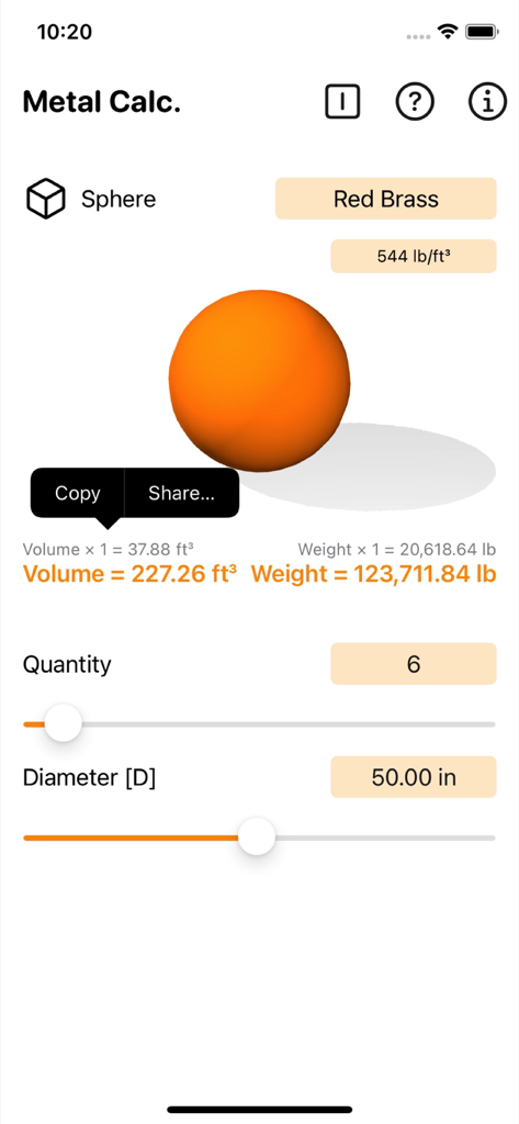 Écran de l'application Metal Calculator Plus calculant le poids total et le volume de six sphères en laiton rouge avec un diamètre de cinquante pouces.