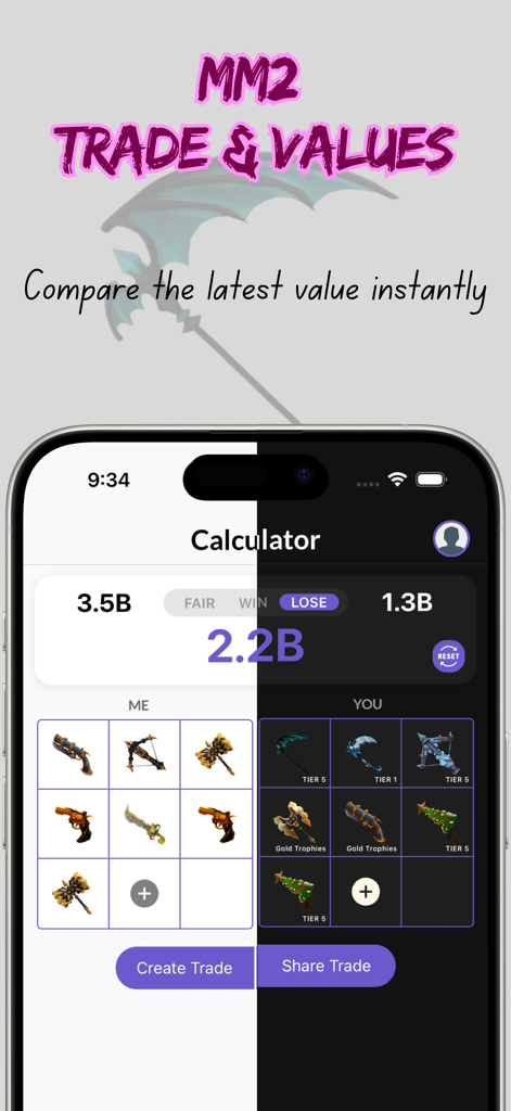 Mystery Trade Checker - Mystery Trade Checker app interface showing a trade calculation between two players for Murder Mystery 2 items with a lose result