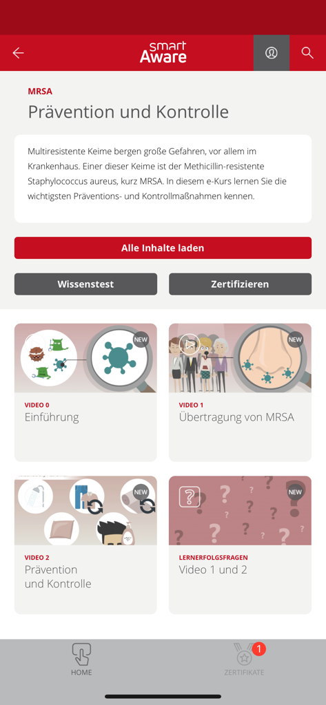 Oberfläche der smartAware-App, die ein medizinisches Schulungsmodul zur MRSA-Prävention und -Kontrolle mit Videolektionen und Zertifizierungsoptionen zeigt