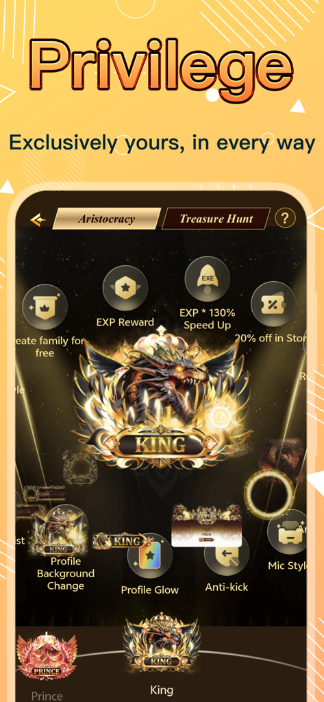 Haza - Group Voice Chat Rooms - A screen from the Haza app showing the King status privileges in the Aristocracy system, including EXP rewards and profile customizations