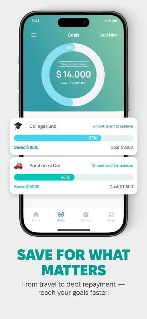 AI Budget Calculator - Aisance - Aisance app screen showing financial goals progress with trackers for a college fund and a car purchase