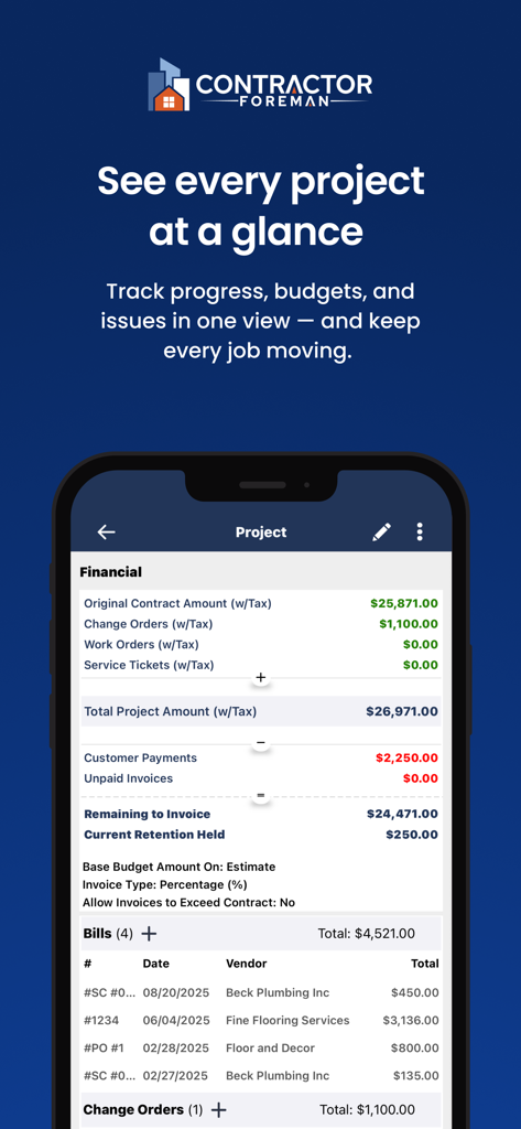 Interface de l'application Contractor Foreman montrant le suivi financier détaillé du projet et le résumé du budget