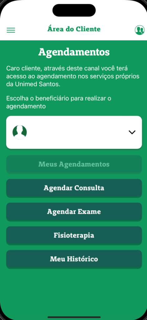 Unimed Santos - Pantalla de la aplicación móvil Unimed Santos que muestra opciones para programar consultas y exámenes médicos