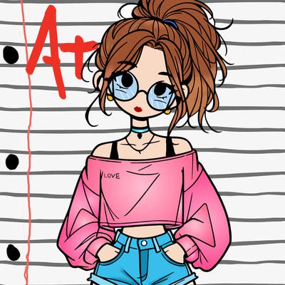 girl with a messy ponytail glasses a baggy crop top and jean shorts