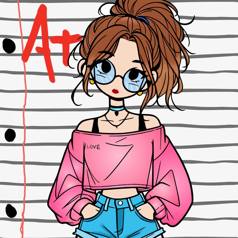 girl with a messy ponytail glasses a baggy crop top and jean shorts