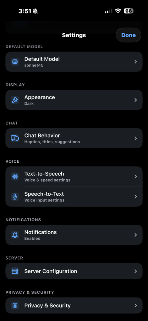 Settings menu of the Open UI iOS client showing options for model selection, appearance, and server configuration.