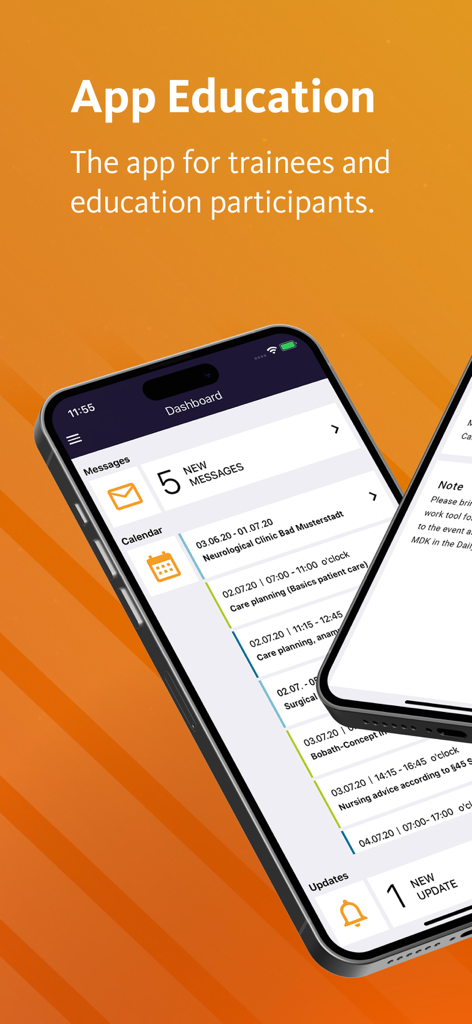easySoft App Education - Smartphone displaying the easySoft App Education dashboard with sections for messages, calendar, and updates for trainees.