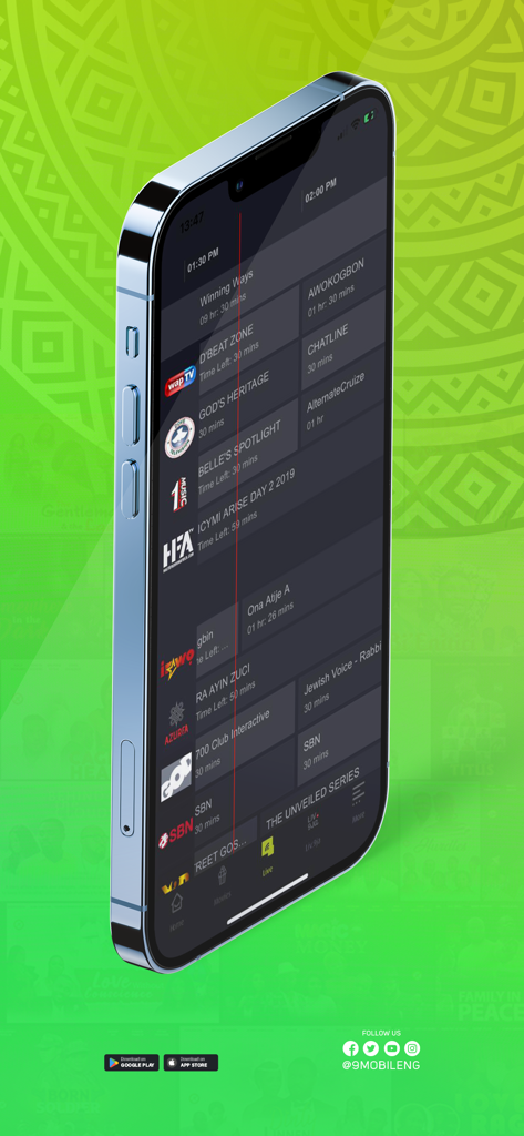 9TV - Smartphone affichant le guide des programmes de télévision en direct de l'application 9TV